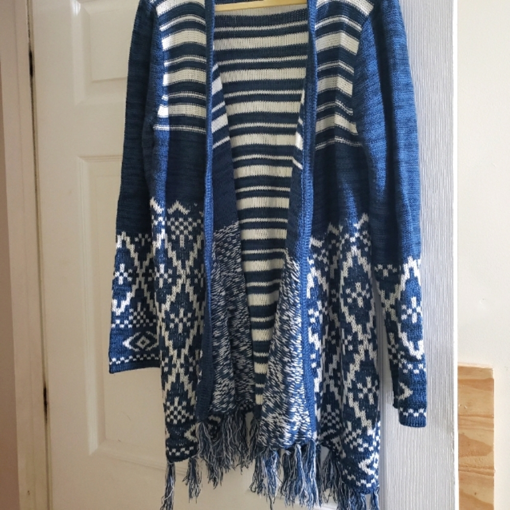 Blue and White Cardigan with Fringes
